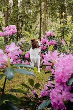A dog playfully explores a forest surrounded by vibrant rhododendrons.