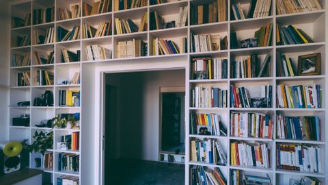 A cozy indoor library with floor-to-ceiling bookshelves filled with books, creating a serene reading nook.