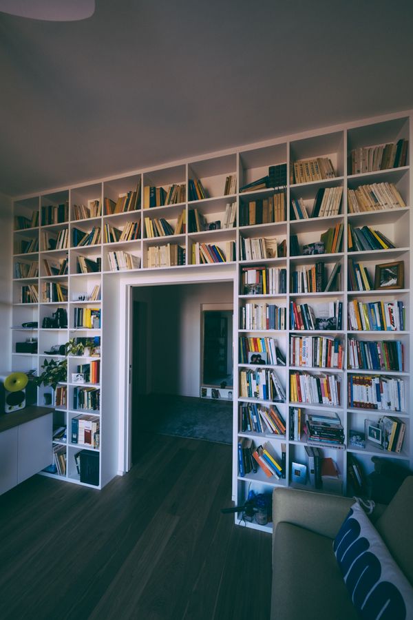 Tall bookshelves fitted around a doorway