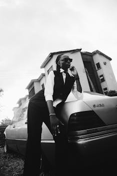 Stylish woman in a suit poses by a vintage car in a modern urban neighborhood.
