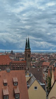 Captivating aerial view of Nuremberg's historic architecture with moody overcast skies, capturing the essence of Bavarian charm.