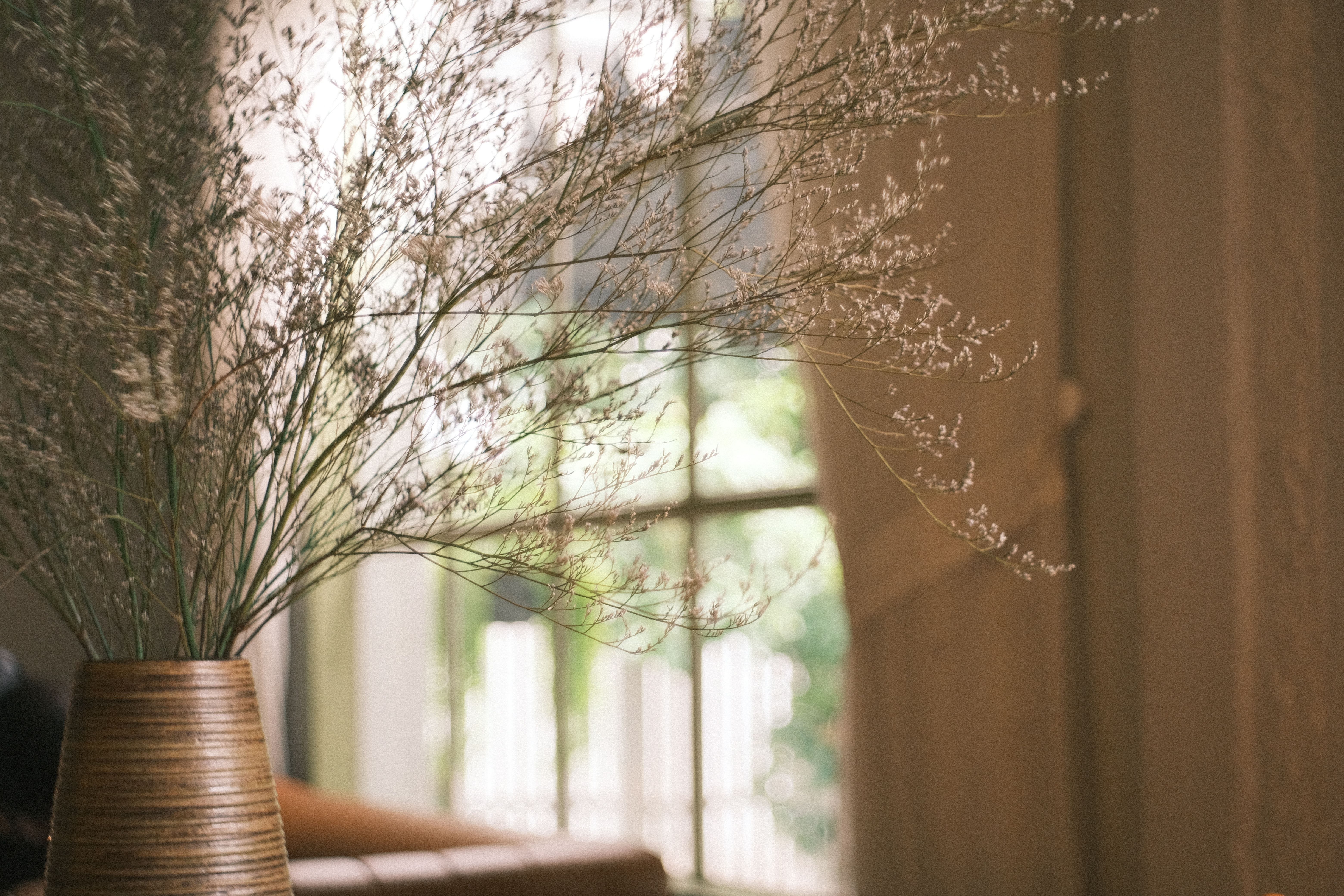 Elegant vase with delicate dried wildflowers by a sunlit window in a tranquil setting.