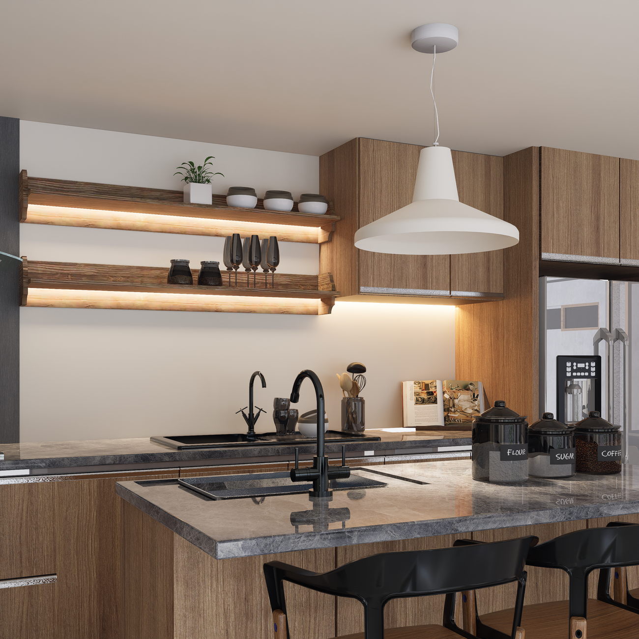 Warm walnut kitchen with a stone counter and pendant light — photo by The Ghazi on Pexels