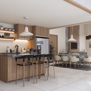 Sleek and modern open concept kitchen and dining area with wooden accents and minimalist design.