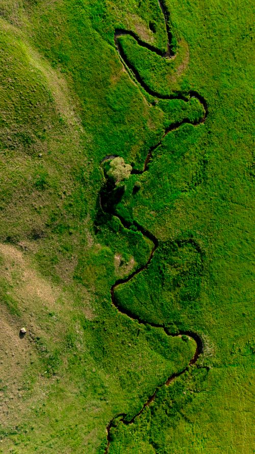 Free Aerial shot of a winding stream cutting through a lush green landscape in Kangal, Sivas, Türkiye. Stock Photo