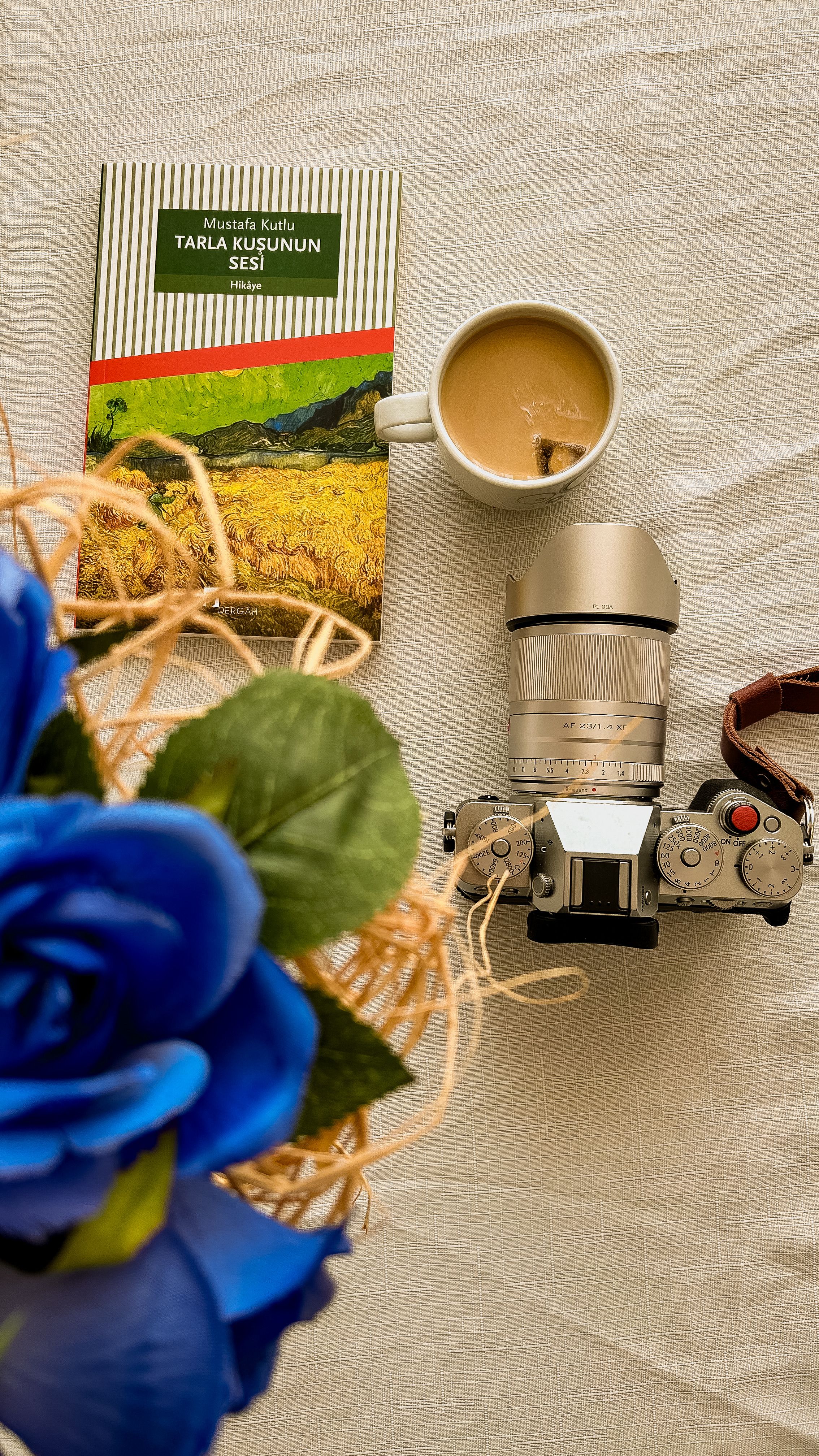 Artistic flat lay featuring a vintage camera, coffee cup, and book.