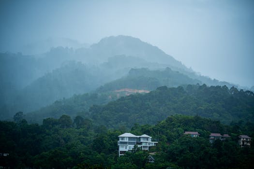 Misty mountain view on a rainy day in Phuket, Thailand, showcasing lush tropical greenery.