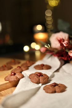 Chocolate cookies with a bokeh background and floral decoration, perfect for dessert presentations.