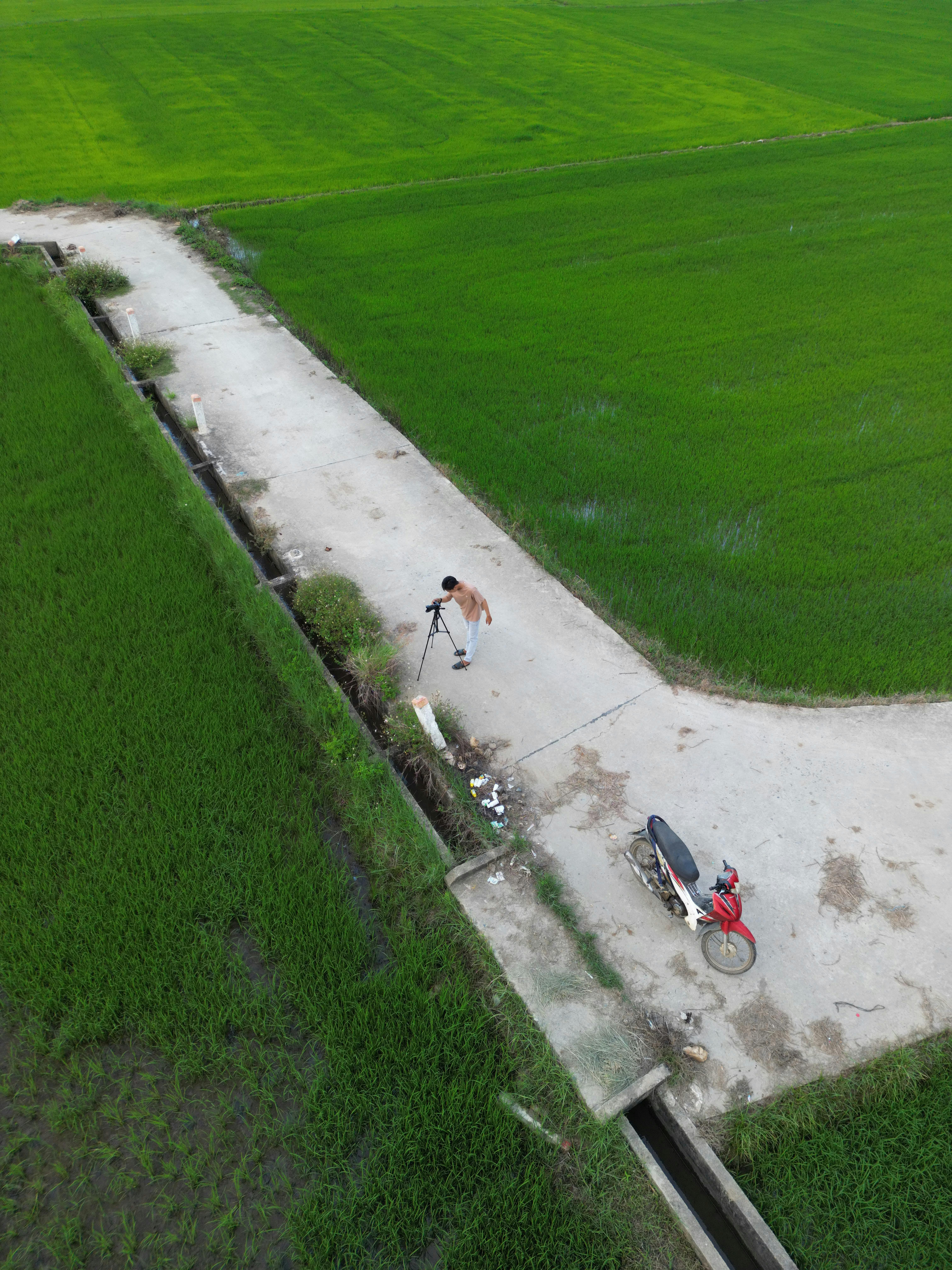 Aerial shot of a photographer capturing lush green fields with a tripod and bicycle.