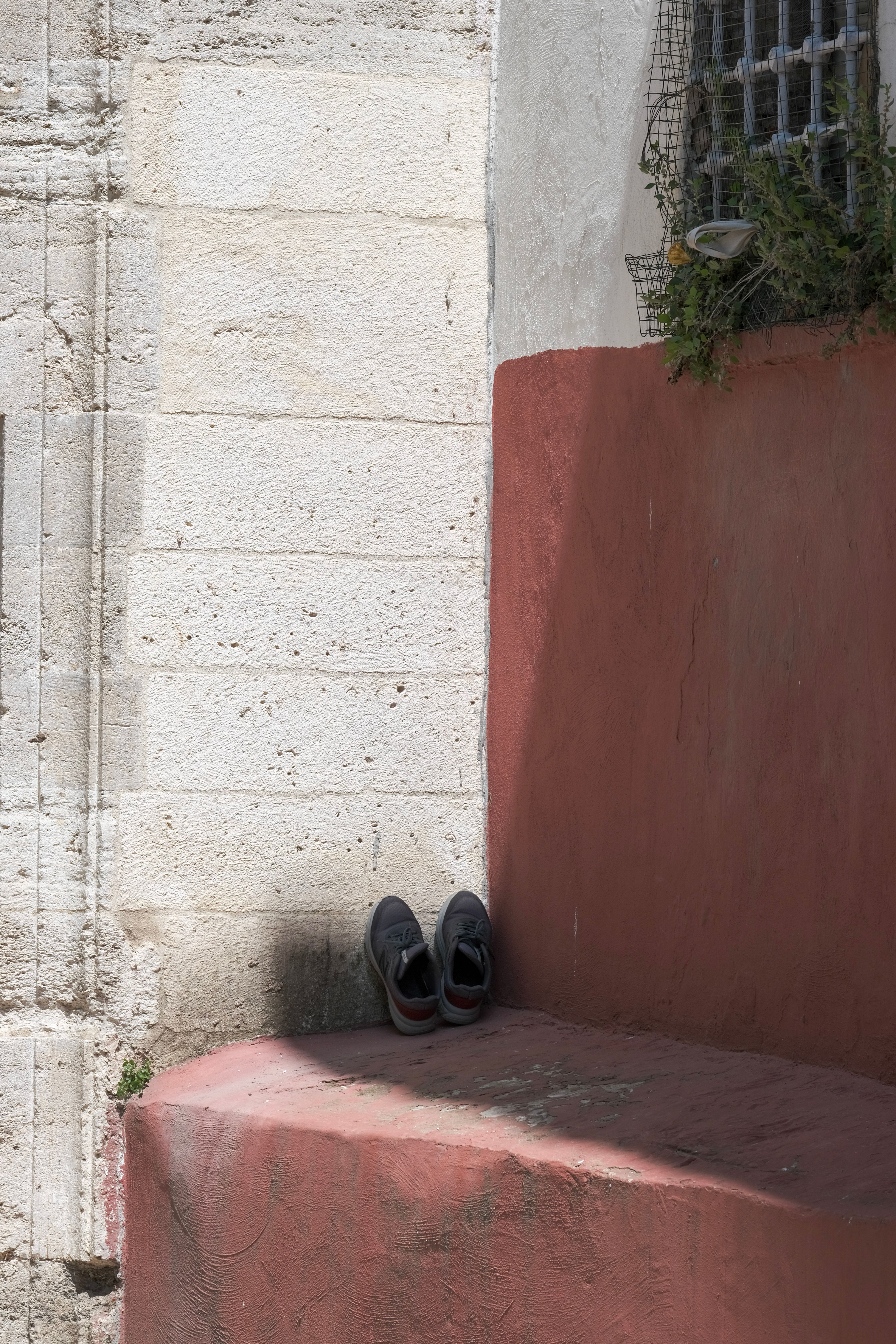 A pair of shoes on red city steps, against a textured brick wall.