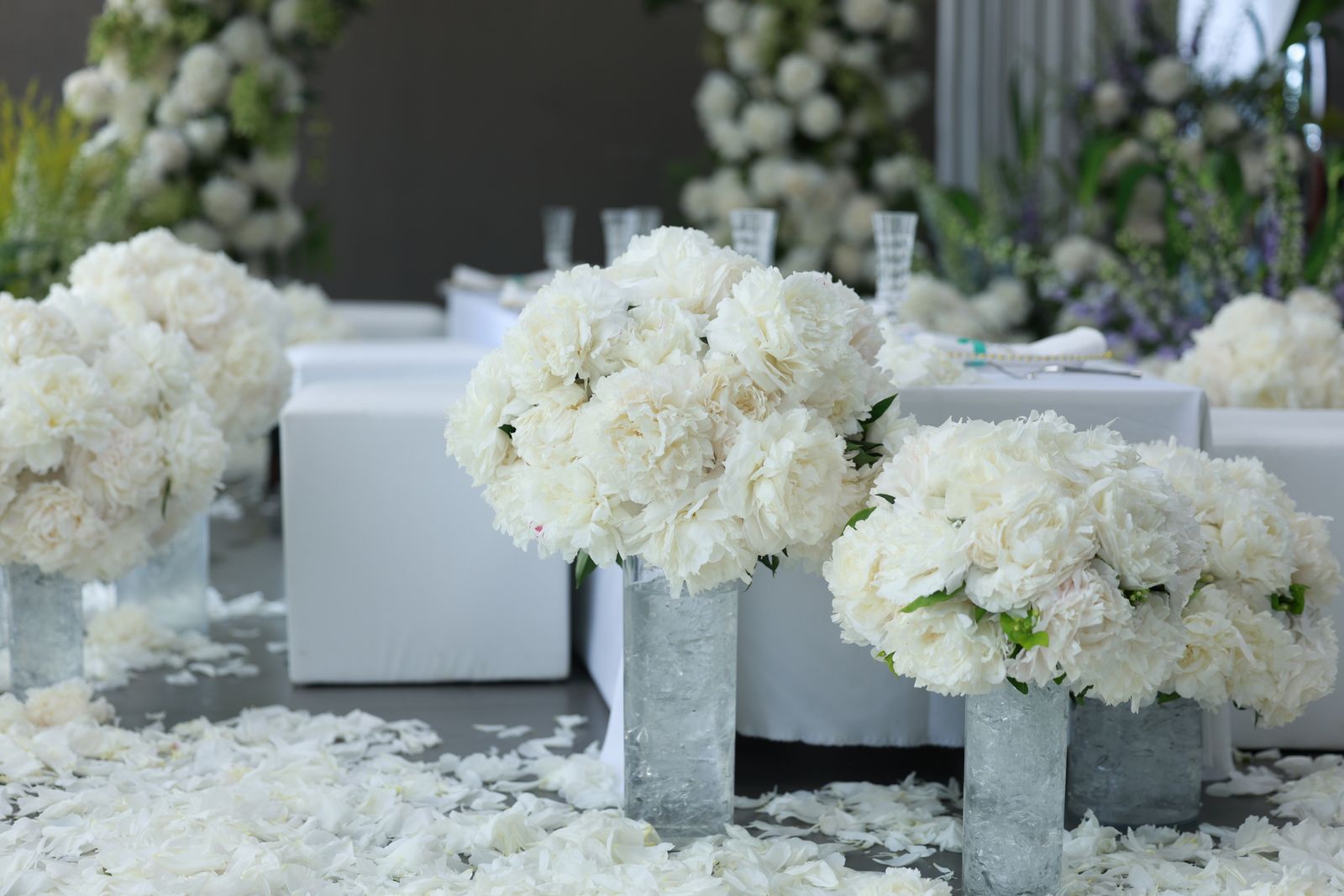 Lush floral centerpiece on a wedding reception table