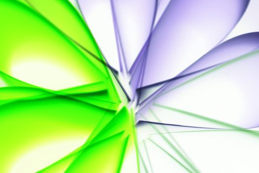 Dynamic abstract design with green and purple light patterns intertwining.