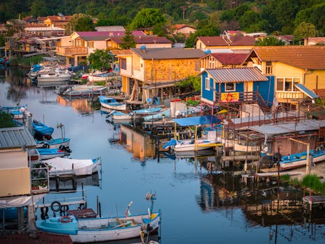 Tranquil morning view of a traditional coastal village with boats in Burgas, Bulgaria.