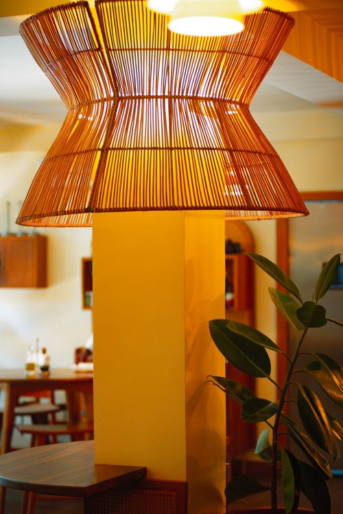 Free Cozy indoor decor featuring a bamboo lamp and a vibrant green plant in a stylish modern space. Stock Photo