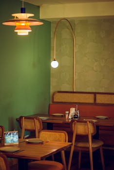 Warm, stylish restaurant interior with wooden furniture and soft lighting in Accra.