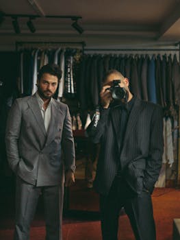 Two men in suits, one taking a photo, in a fashion boutique setting.