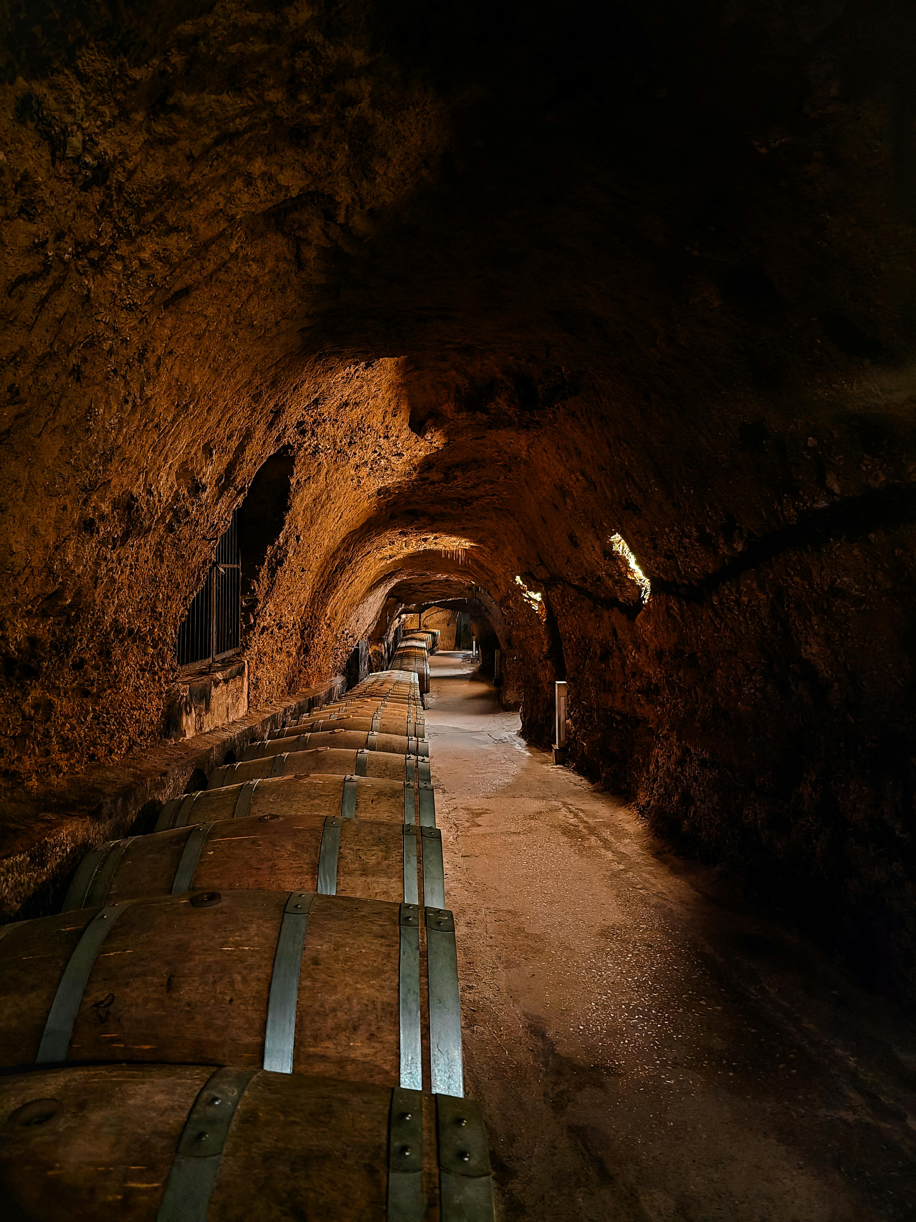 Explore a rustic wine cellar with rows of wooden barrels in a dimly lit underground cave.