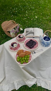 Elegant outdoor picnic setup with tea, croissants, fresh fruit, and flowers on a grassy backdrop.