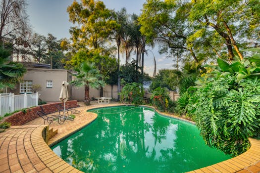 Explore a serene backyard with a pool and exotic plants in Pretoria, South Africa.