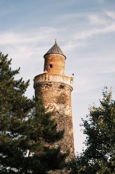 Sturdy brick tower surrounded by lush trees under a clear blue sky.