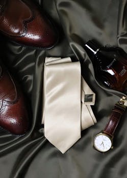 A flat lay of elegant men's accessories including a necktie, leather shoes, cologne, and a watch on a satin fabric.