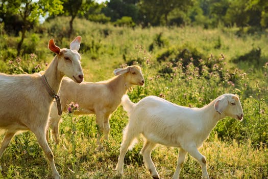 Three goats enjoying a sunny day on a lush meadow. Perfect rural farm scene.