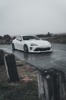 A sleek white sports car parked on a misty road, showcasing elegant design in a serene landscape.