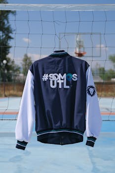 Stylish university sports jacket with logo hanging on a volleyball net outdoors under a clear sky.