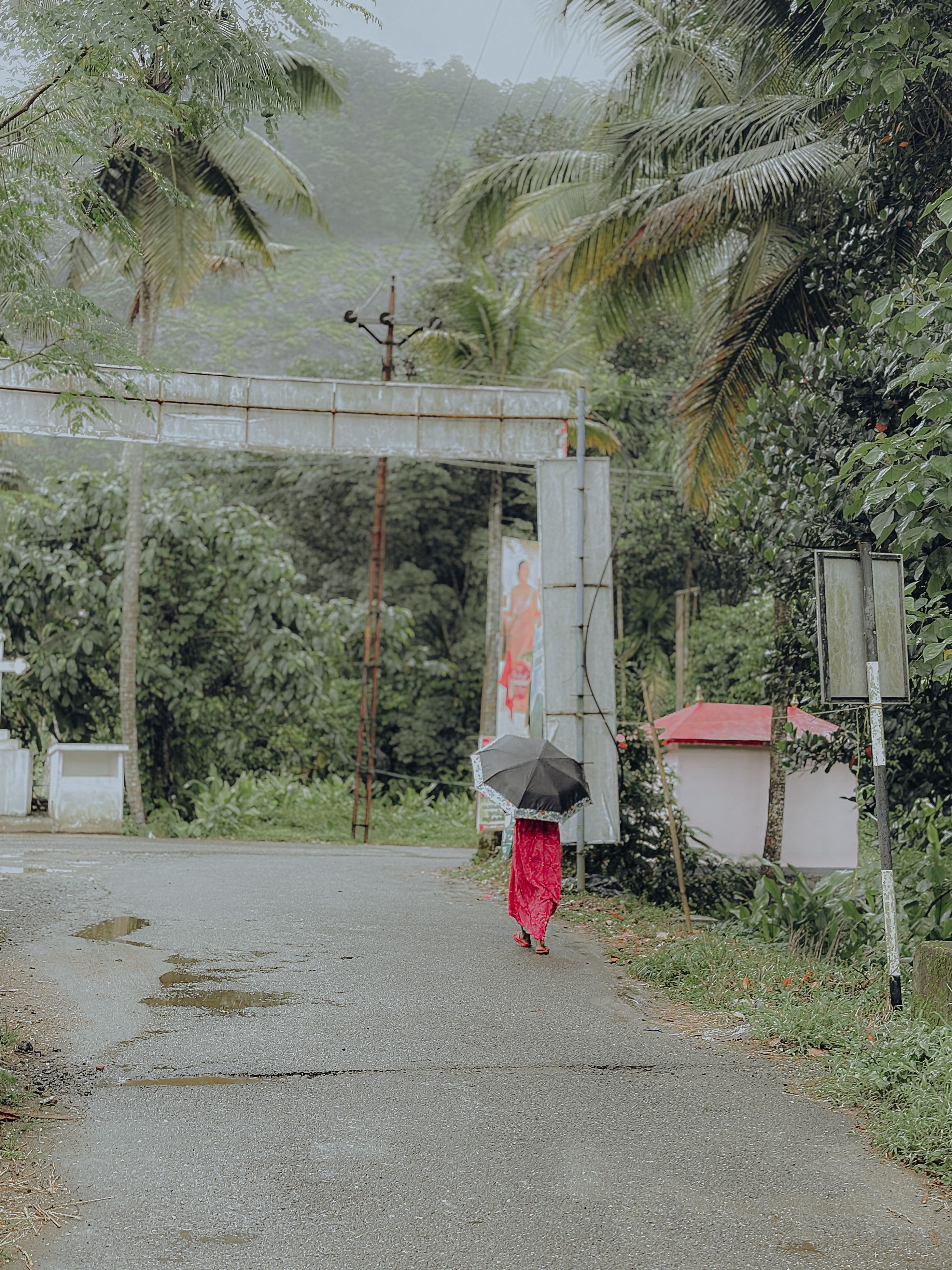 A woman in a vibrant dress walks down a rainy street in Mamalakandam, Kerala, India, with an umbrella.
