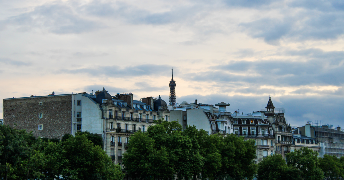 Paris rooftops with the Eiffel Tower behind them under cloud.