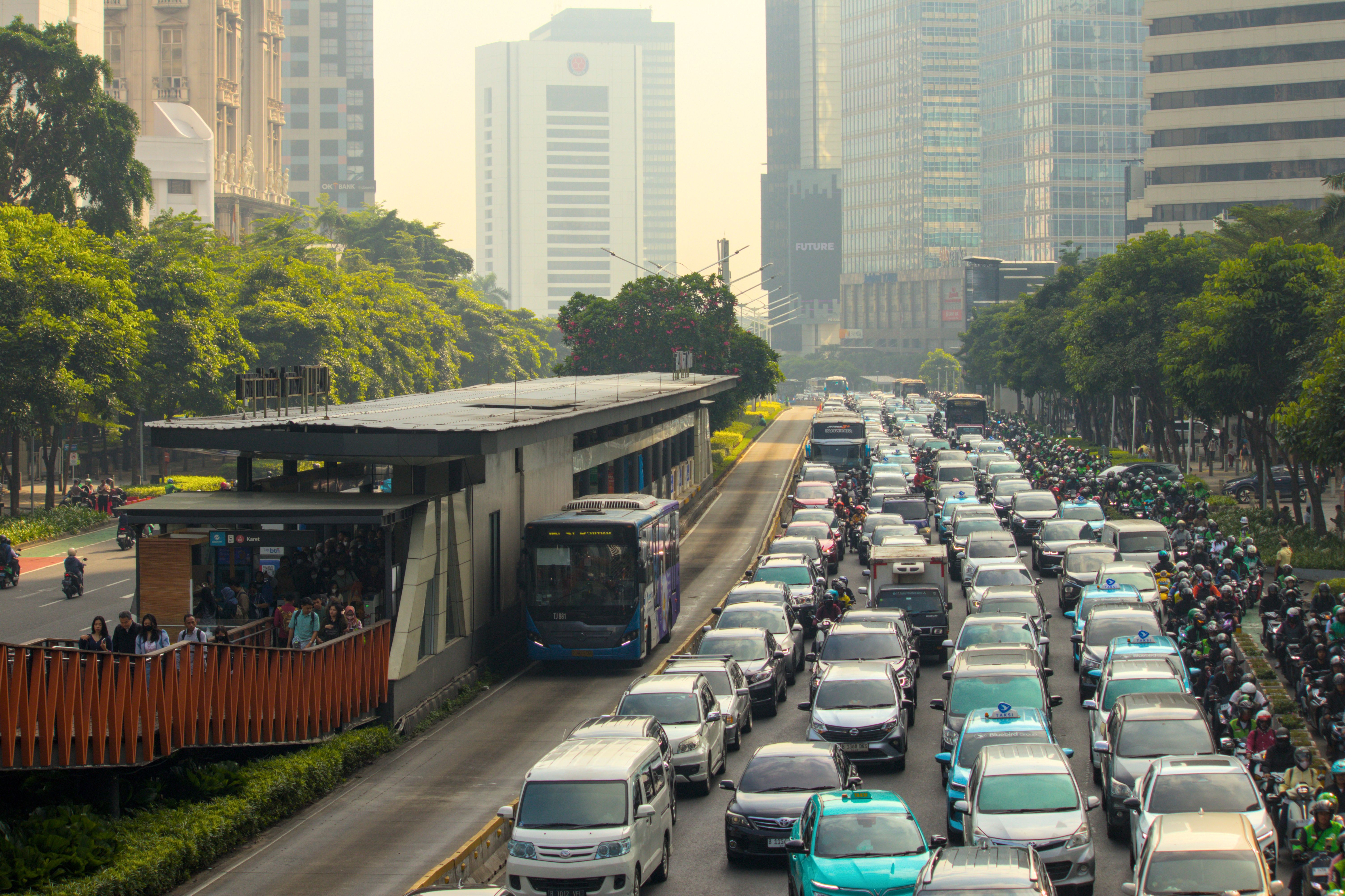 Busy commuter traffic on a hazy morning, aerial view