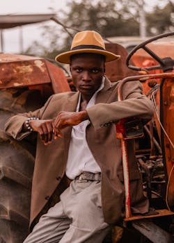 Elegant man in a brown suit leans on a rustic tractor, exuding a retro vibe.