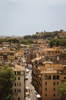 Aerial view of historic Rome's architecture with lush greenery, captured during a sunny day.