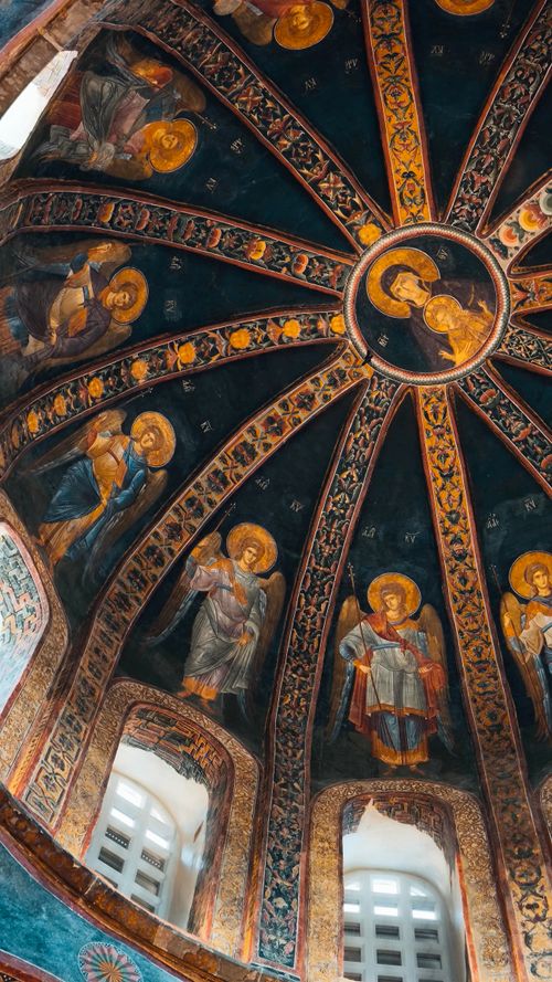 Free Stunning frescoes in a Byzantine dome represent religious figures in an ancient church. Stock Photo