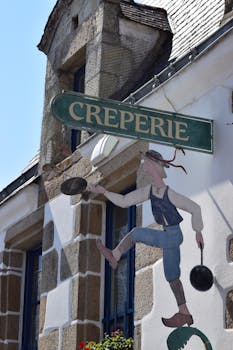 Decorative creperie sign featuring whimsical artwork on a sunny day in France.