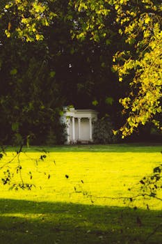 Peaceful autumn garden featuring a small classical pavilion in Calden, Germany.