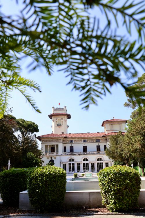 Free A beautiful historic villa in İstanbul surrounded by greenery under a clear blue sky. Stock Photo