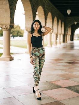 Confident young woman in fashionable outfit posing in a beautiful architectural setting.