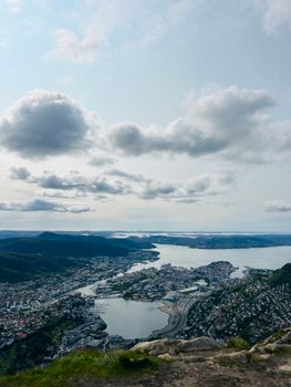 Breathtaking aerial view of Bergen, Norway showcasing the city and surrounding landscape.
