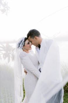 Beautiful wedding portrait of a couple embracing outdoors in Cairo, Egypt.