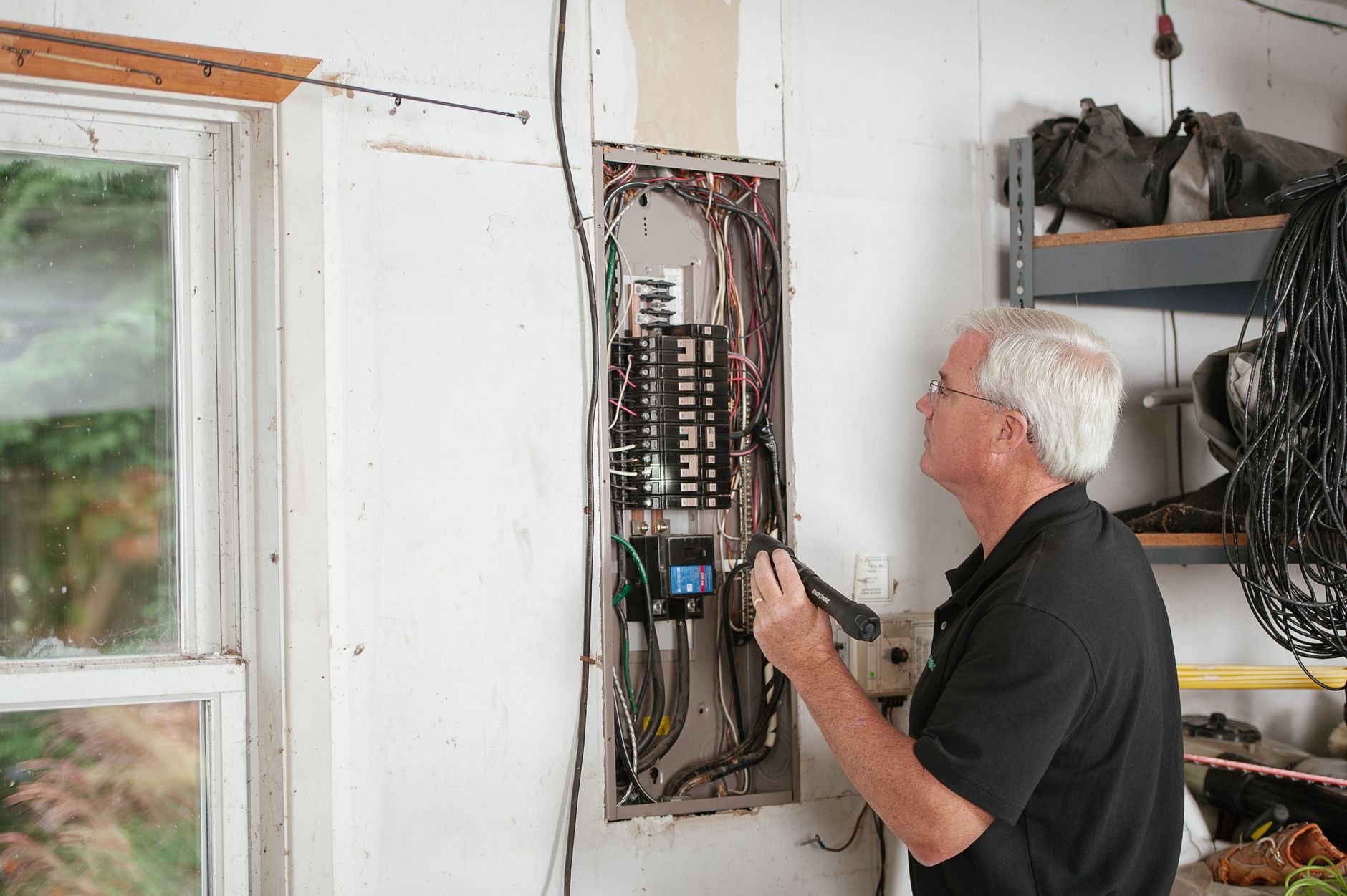 A technician examining a home's electrical panel, the kind of system a pre-listing home inspection reviews before a sale