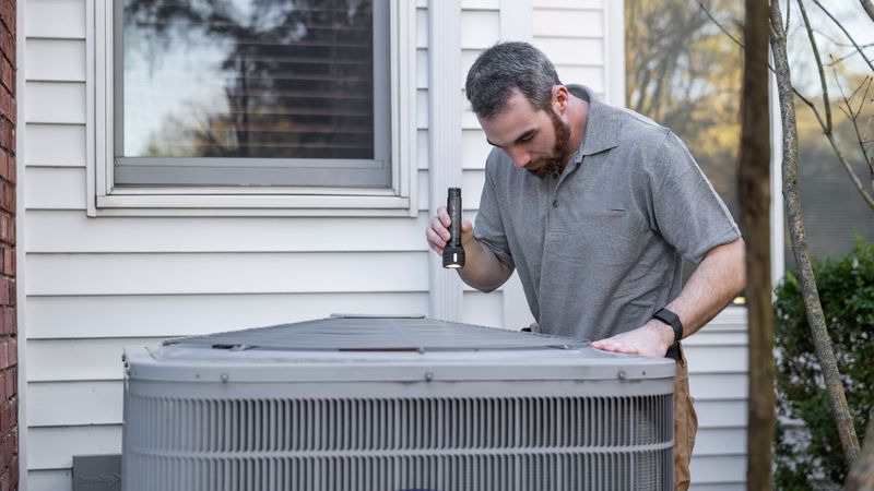 HVAC technician using a manifold gauge and vacuum pump to evacuate copper refrigerant lines on an outdoor mini split unit