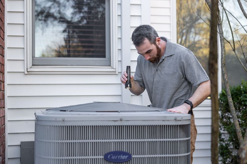 HVAC technician inspecting an outdoor air conditioning unit during a service call