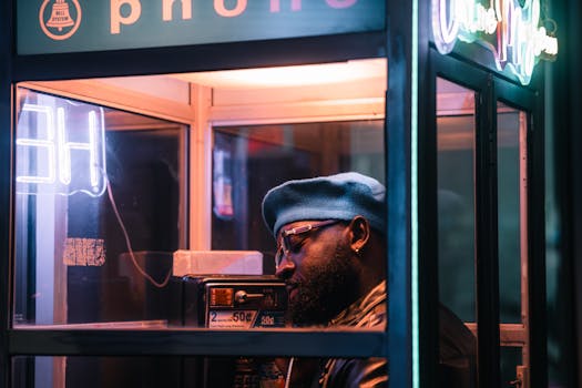 A man in a phone booth under neon lights at night, evoking a retro urban vibe.