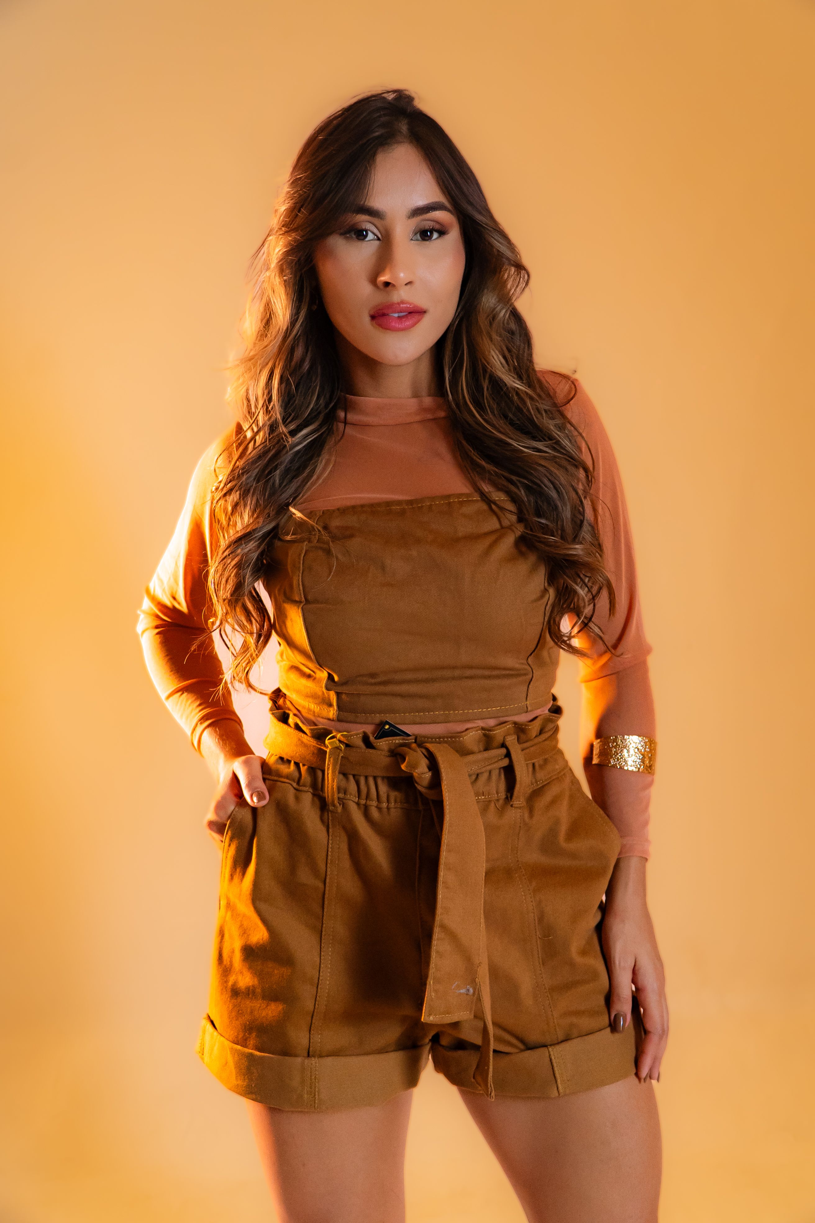 Retrato de uma mulher em traje marrom elegante sobre um fundo quente.