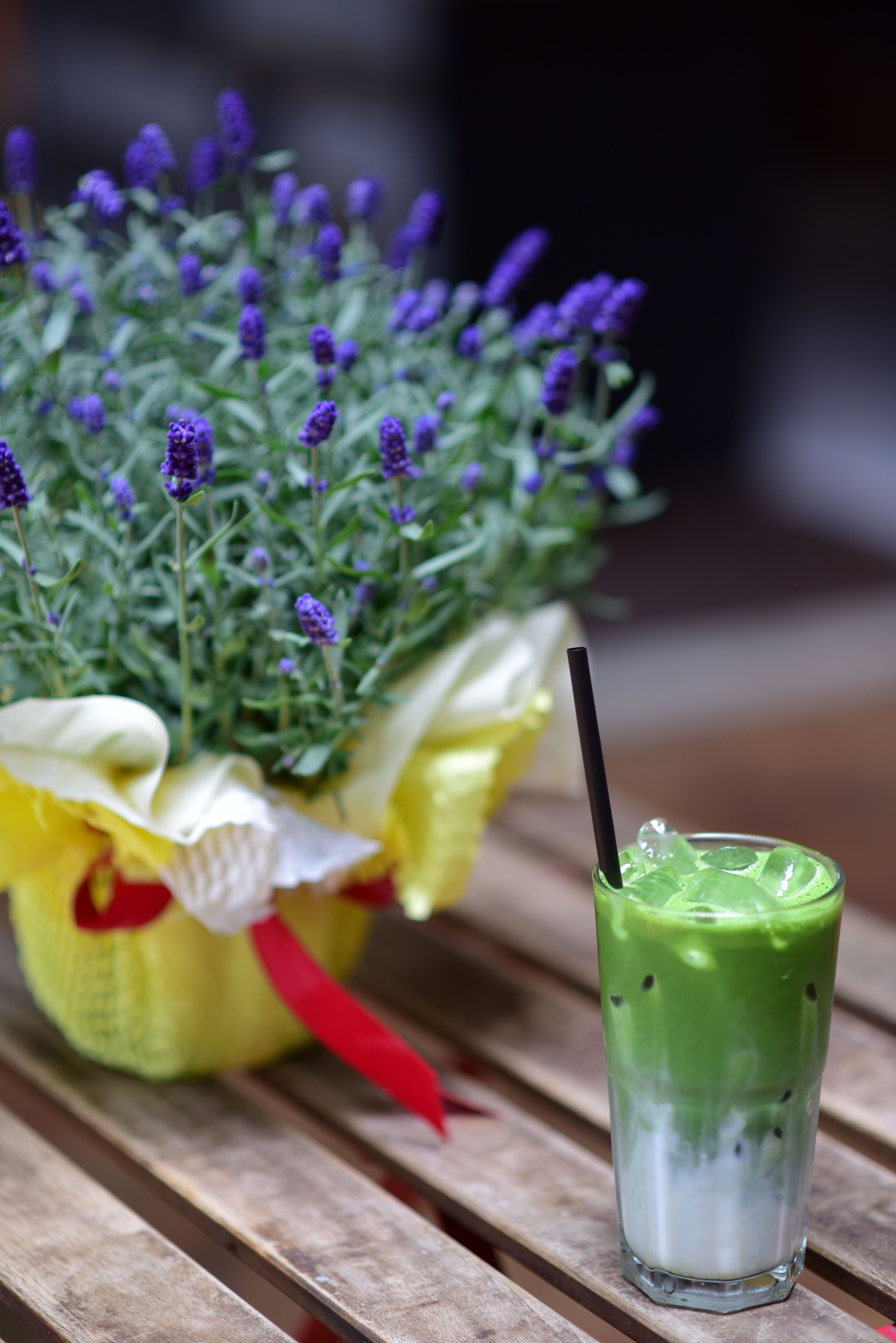 Refreshing Iced Matcha Latte with Lavender Bouquet · Free Stock Photo