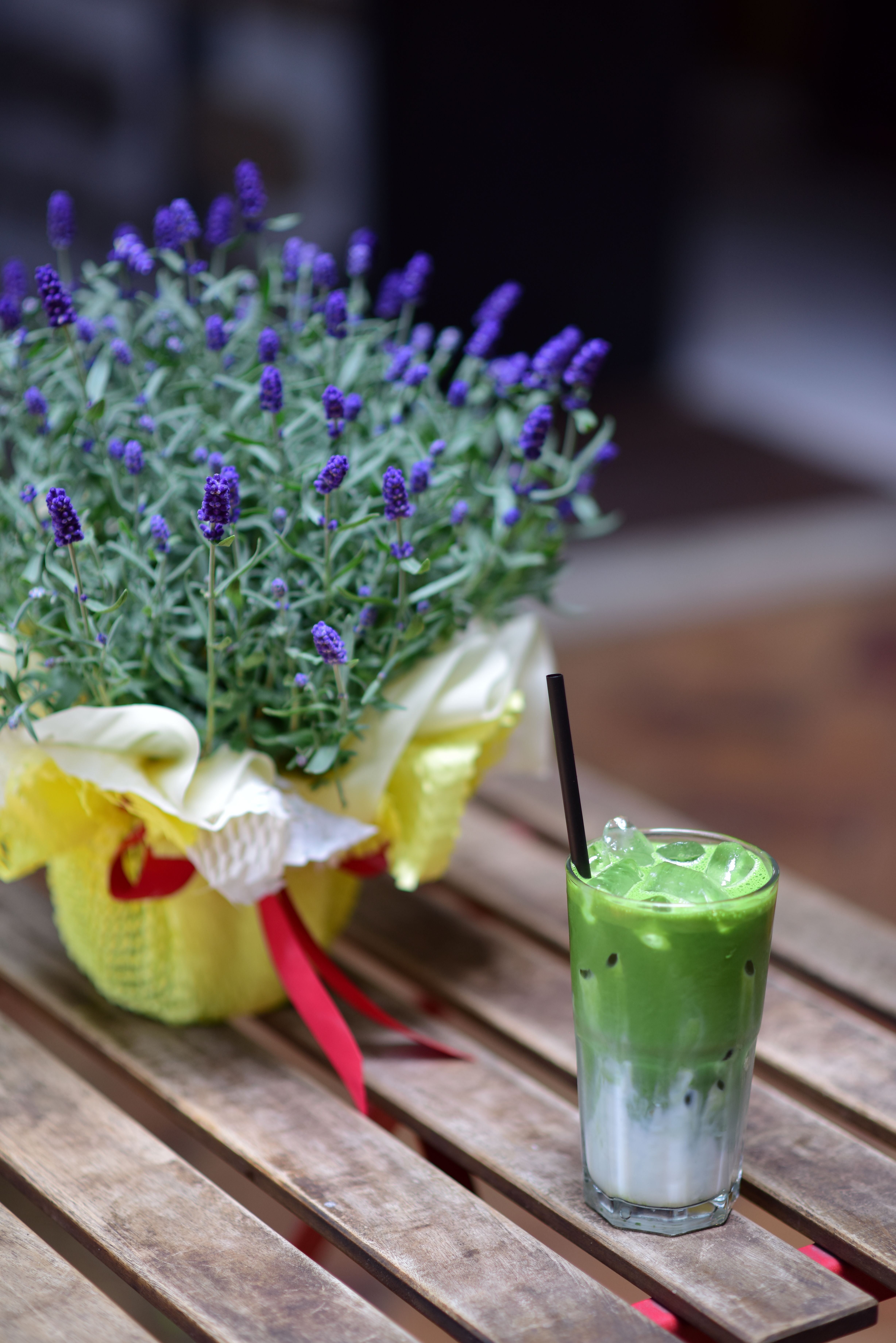 Refreshing Iced Matcha Latte with Lavender Bouquet · Free Stock Photo