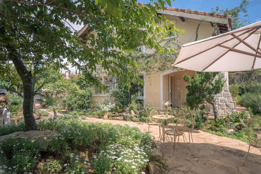 Cozy garden patio with elegant chairs and lush greenery, perfect for relaxation and outdoor gatherings.