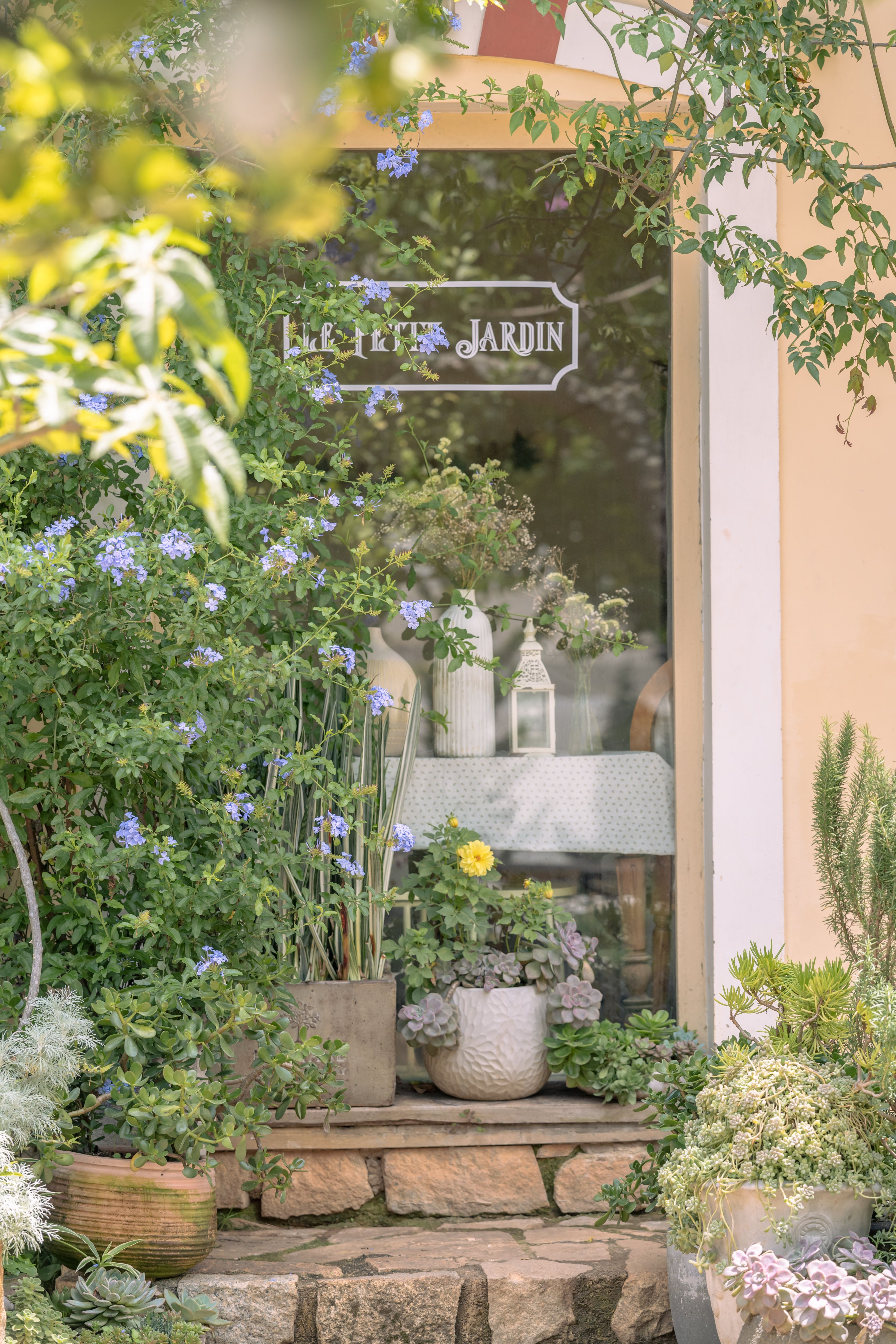 Rustic garden scene with potted plants and a vintage sign, evoking a peaceful atmosphere.