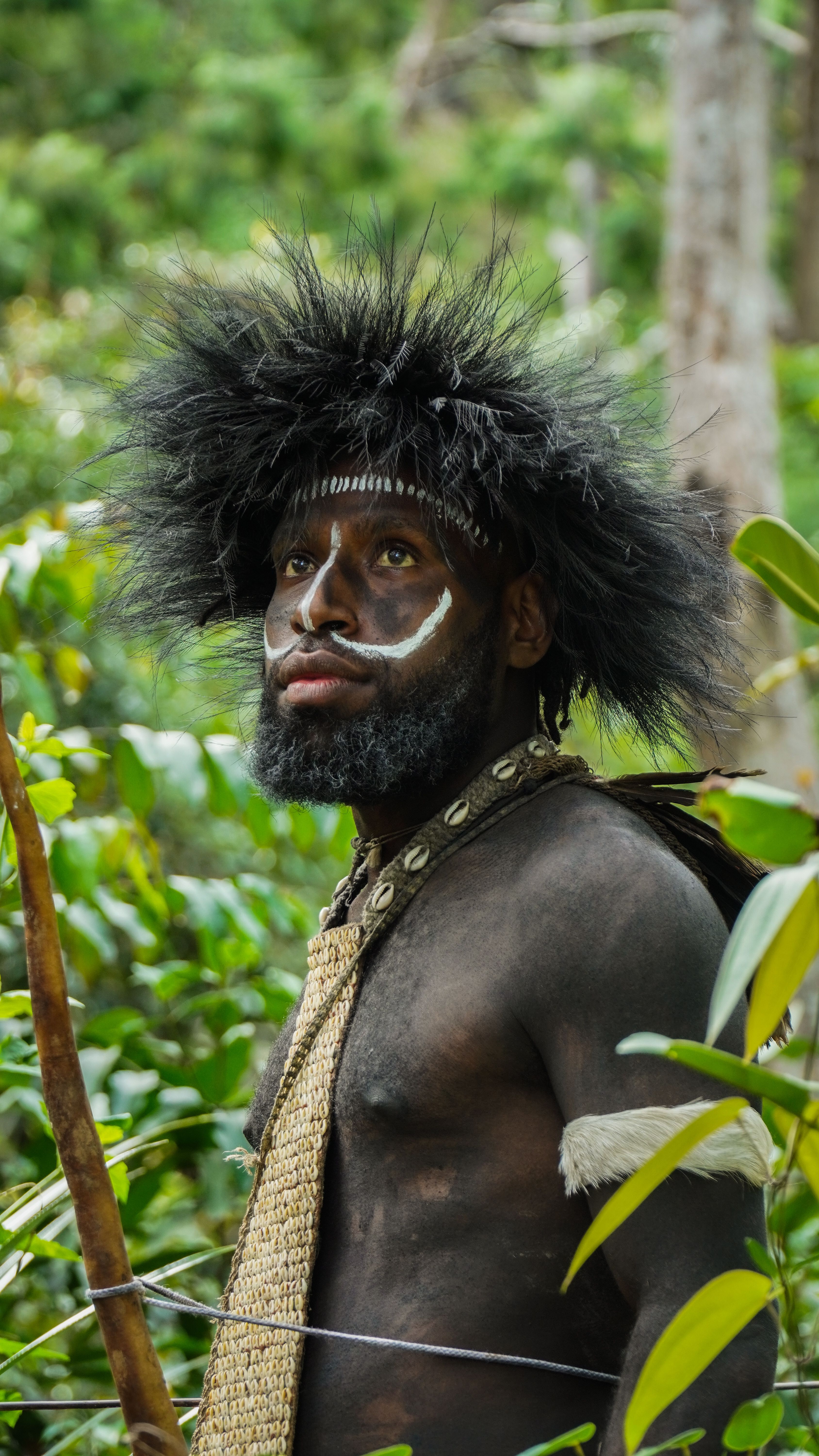 Portrait of a tribal man with traditional attire in a dense jungle landscape, showcasing cultural heritage.